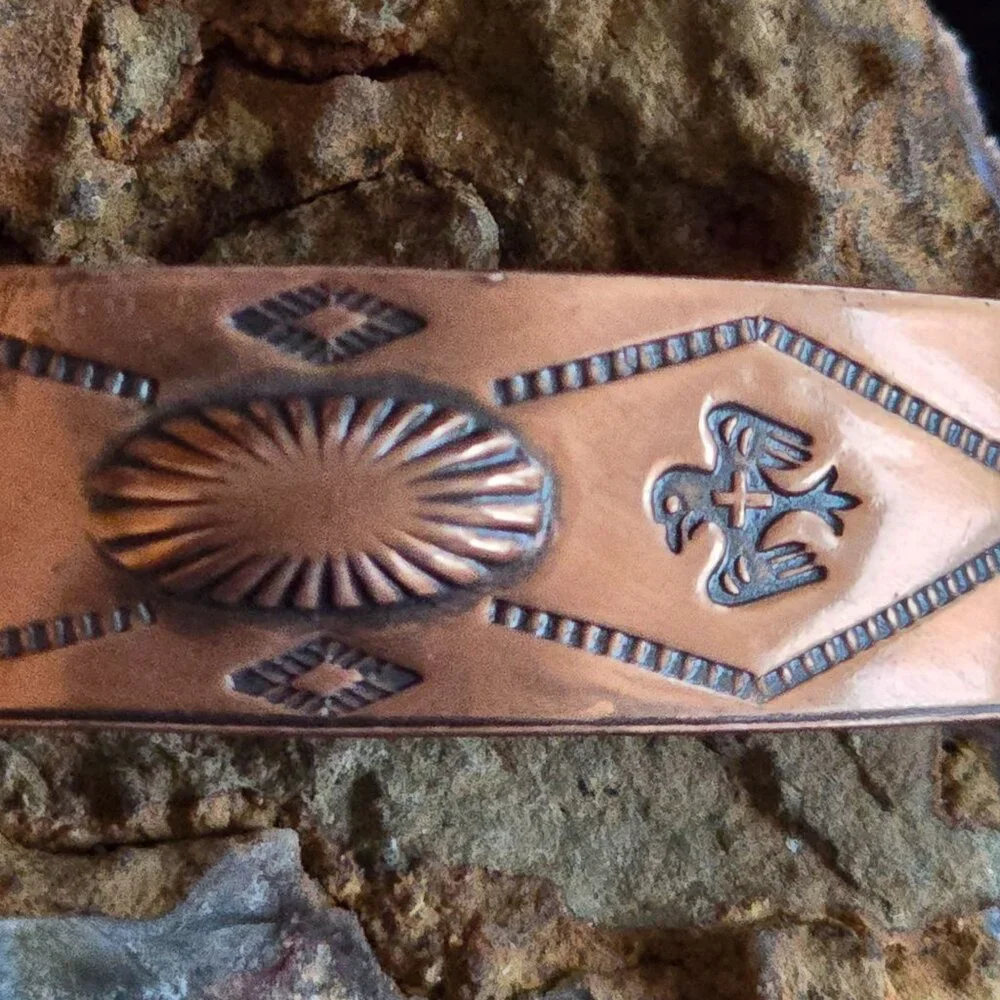 VTG Bell Trading Post Copper Cuff Bracelet Etched Thunderbird Tribal Arrow 1940s - Picture 2 of 8